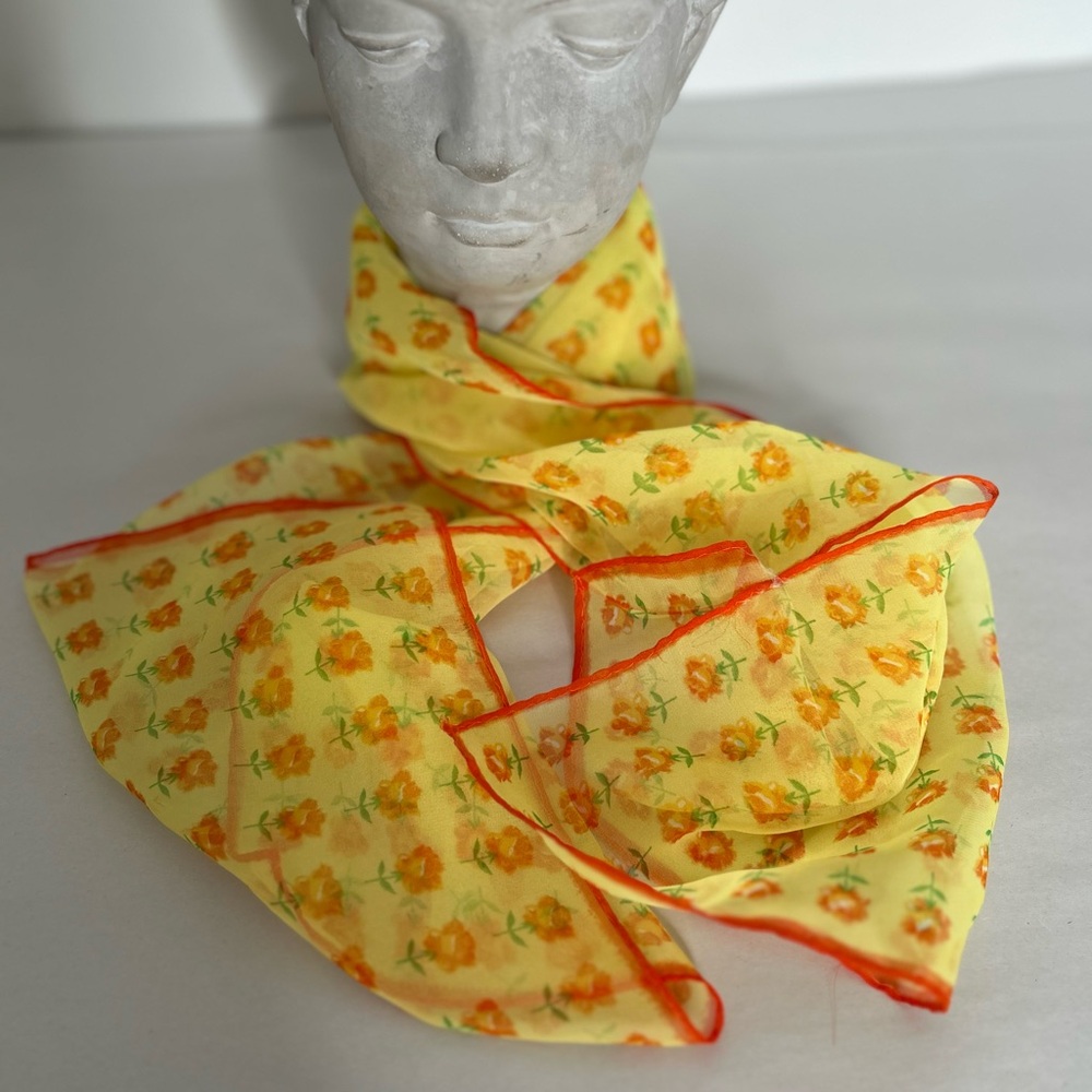 Yellow Floral Silk Scarf with Orange Trim - Women's Accessory